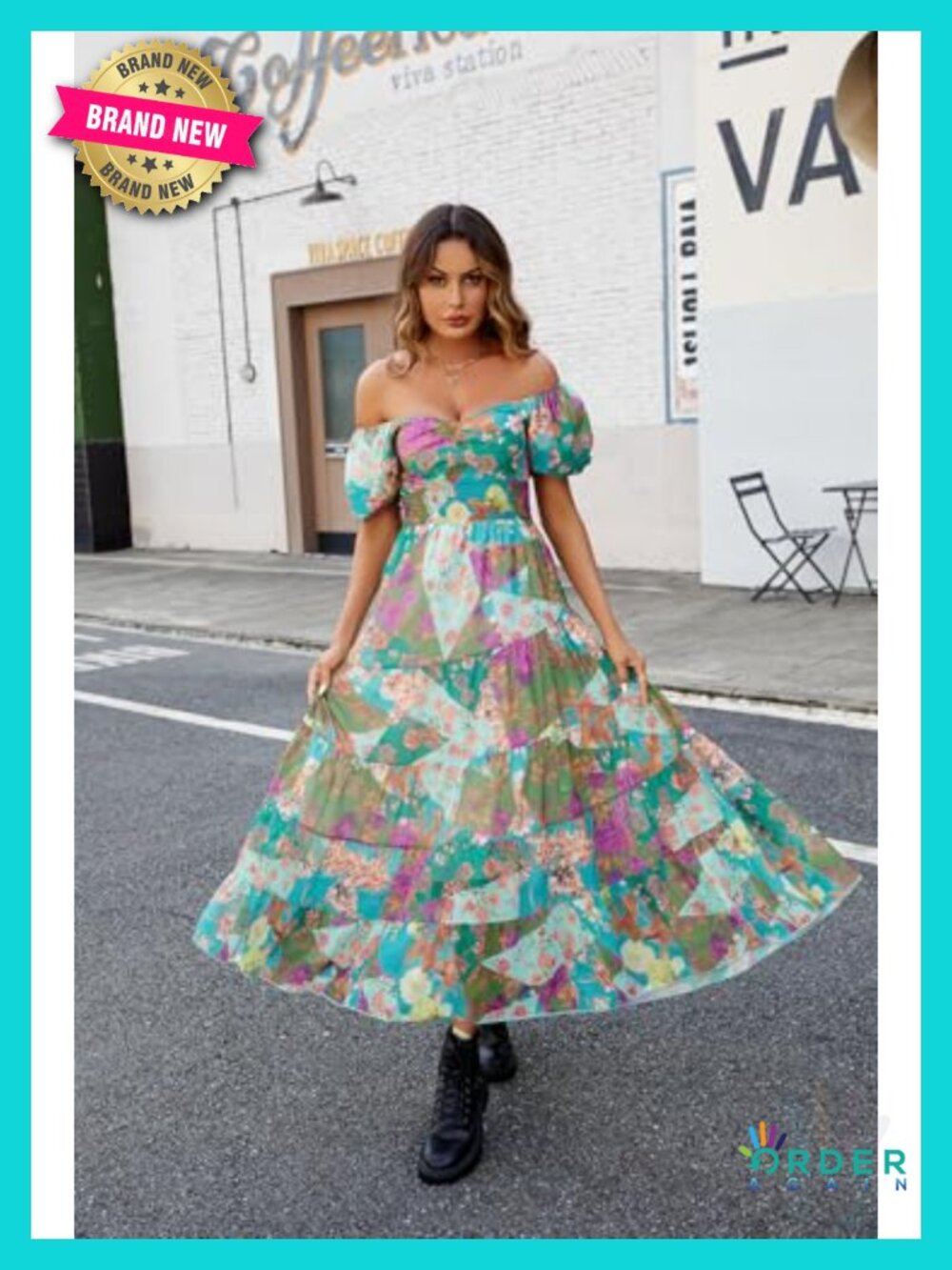 Floral Maxi Dress Short Puff Sleeve V Neck Bohemian Flowy Smocked Casual - Picture 5 of 6